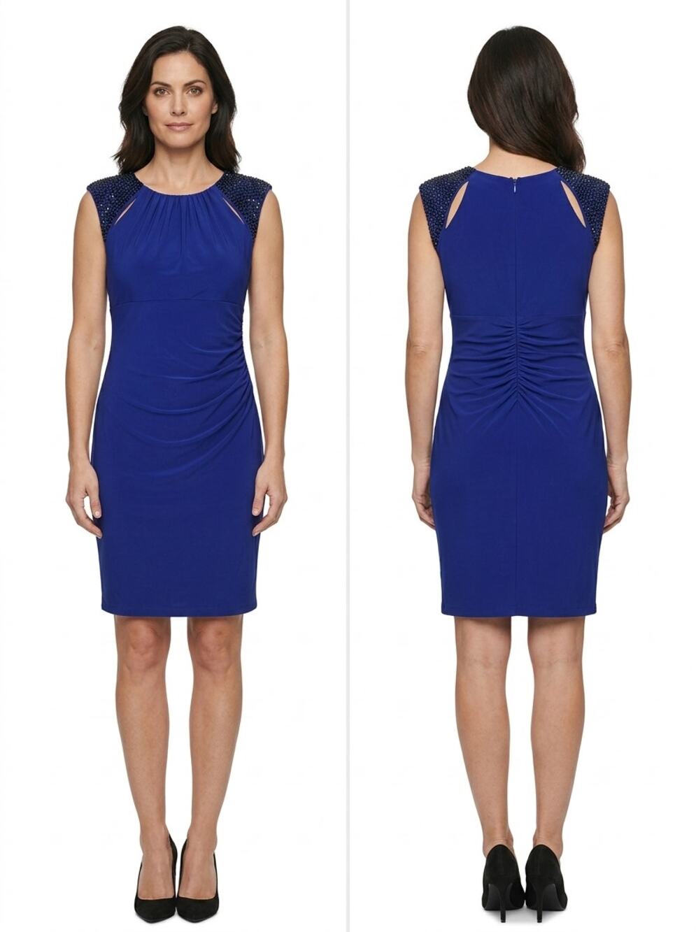 Xscape Made in USA Blue Rhinestone Ruched Sheath Dress Women Size 6
